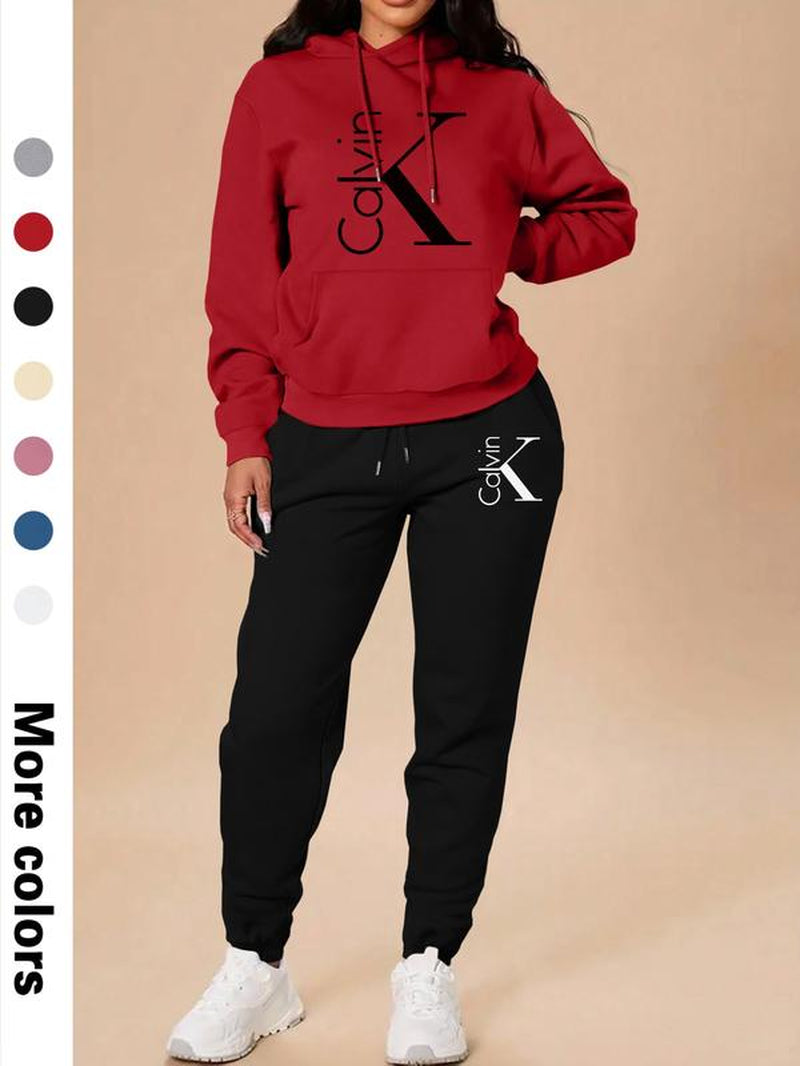 Women'S Casual Hooded Sweatshirt Set, Sweatsuit with Pockets, Long Sleeve Letter Print Top + Pants, Fall & Winter Fitted Sportswear with Pockets