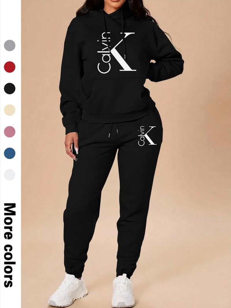 Women'S Casual Hooded Sweatshirt Set, Sweatsuit with Pockets, Long Sleeve Letter Print Top + Pants, Fall & Winter Fitted Sportswear with Pockets